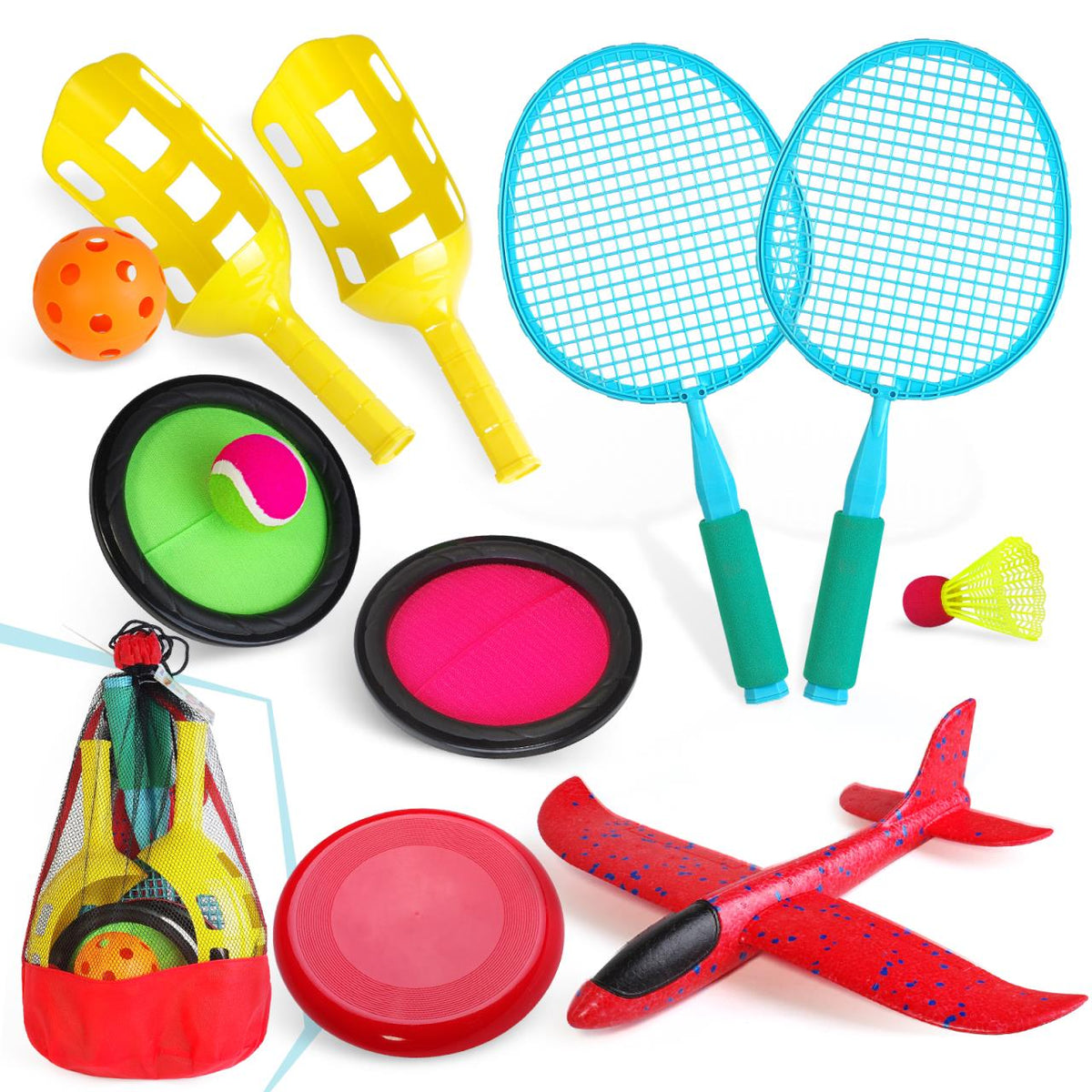 Outdoor Sports Games Play Set - Outside Game Toys in Mesh Carry Bag - Flying Disc, Foam Airplane, Badminton, Scoop Ball Set, Toss, Catch Game Toy