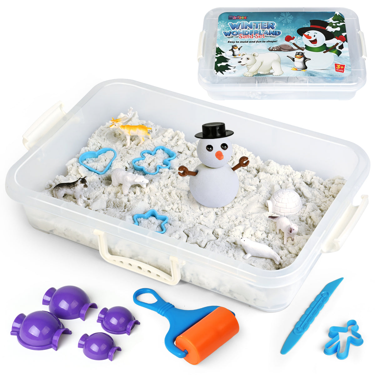 Winter Wonderland Snow Sand Playset, Creativity Toy Sensory Bin with Arctic Animal Figures, 2 Lbs of Sand and Snowman Molds