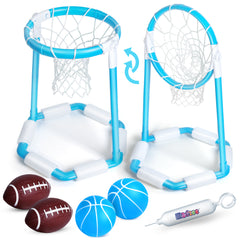 2-in-1 Swimming Pool Floating Pool Basketball Hoop and Football Set - Poolside Set with 4 Inflatable Balls and Pump