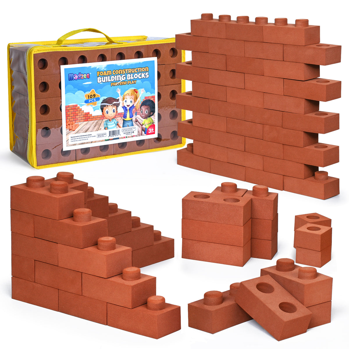 109 Pack Foam Brick Building Blocks for Kids, Builders Set for Construction and Stacking