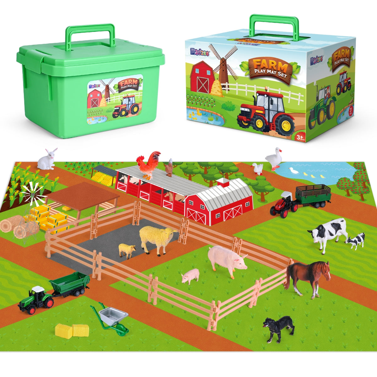 Farm Toy Set and Kids Activity Play Mat with Tractors, Animals, and Large Playmat Farm