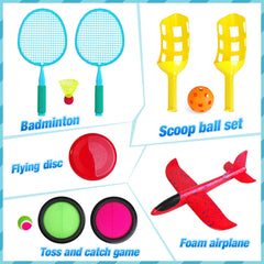 Outdoor Sports Games Play Set - Outside Game Toys in Mesh Carry Bag - Flying Disc, Foam Airplane, Badminton, Scoop Ball Set, Toss, Catch Game Toy