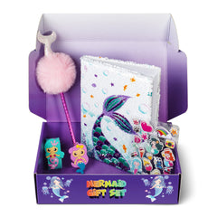 Mermaid Gift Set - Plush Squishy Notebook, Pen, 3D Stickers, Slap Bracelet & Keychain