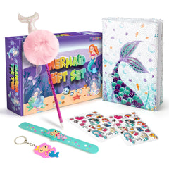 Mermaid Gift Set - Plush Squishy Notebook, Pen, 3D Stickers, Slap Bracelet & Keychain