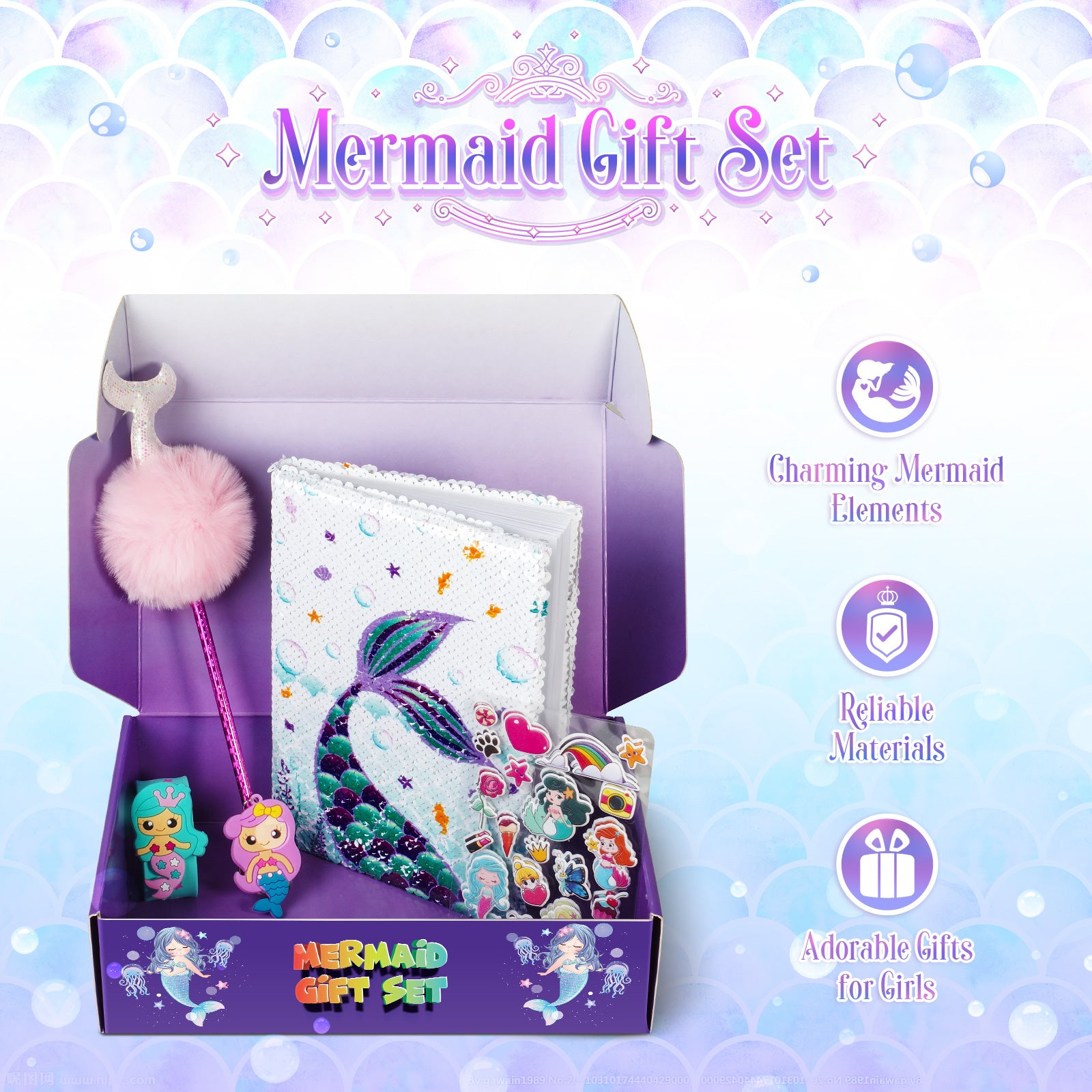 Mermaid Gift Set - Plush Squishy Notebook, Pen, 3D Stickers, Slap Brac –  Madzee