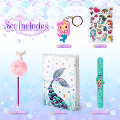 Mermaid Gift Set - Plush Squishy Notebook, Pen, 3D Stickers, Slap Bracelet & Keychain