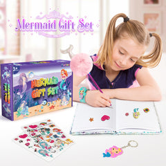 Mermaid Gift Set - Plush Squishy Notebook, Pen, 3D Stickers, Slap Bracelet & Keychain