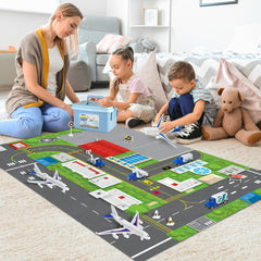 Airplane Toy Set and Kids Activity Play Mat with Planes, Trucks, Signs, and Large Playmat Airport