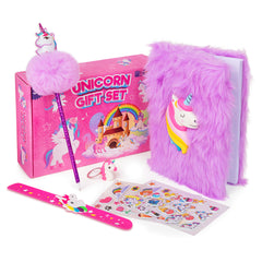 Unicorn Gift Set - Plush Squishy Notebook, Pen, 3D Stickers, Slap Bracelet & Keychain