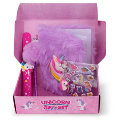 Unicorn Gift Set - Plush Squishy Notebook, Pen, 3D Stickers, Slap Bracelet & Keychain