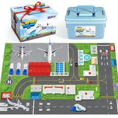 Airplane Toy Set and Kids Activity Play Mat with Planes, Trucks, Signs, and Large Playmat Airport