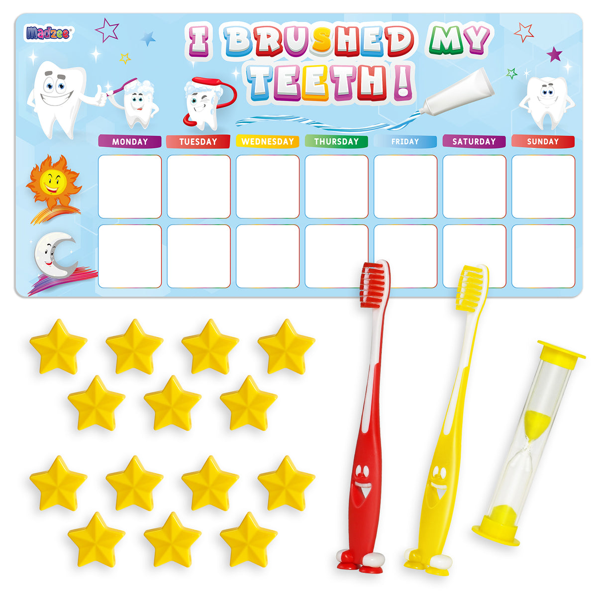 Reward Chart for Kids with Tooth Brush, Sand Timer – 2Pcs Soft Bristle