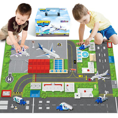 Airplane Toy Set and Kids Activity Play Mat with Planes, Trucks, Signs, and Large Playmat Airport